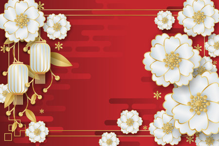 Chinese festival banner design of white lantern, flowers and branches decorate on red pattern background with frame for your copy space. Vector illustration.のイラスト素材