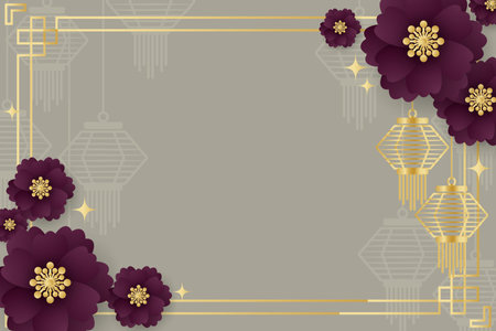 Chinese style festival banner of lanterns with flowers on black pattern background for your copy space. Vector illustration.のイラスト素材