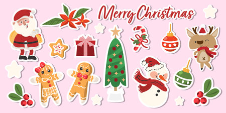 Christmas sticker set of cute characters with Santa claus, snowman, reindeer, gingerbread, Christmas tree, Christmas balls, Holly berry, gift box, stars and candy cane. Vector illustration.のイラスト素材