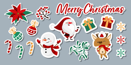 Christmas sticker set of cute characters with Santa Claus, snowman, reindeer, Poinsettia, Christmas flowers, Christmas balls, Holly berry, gift boxes, Mistletoe, snowflakes and candy cane. Vector illustration.のイラスト素材