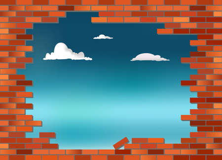 Retro red brick wall vector, partly collapsed with blue sky in backgroundのイラスト素材