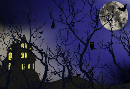 Enchanted forest with animals that hide and a large moon behind the branches of trees, vector illustrationのイラスト素材