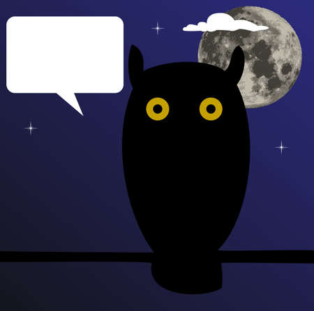 Owl sitting on branch with the moon in the background, a balloon for your textのイラスト素材