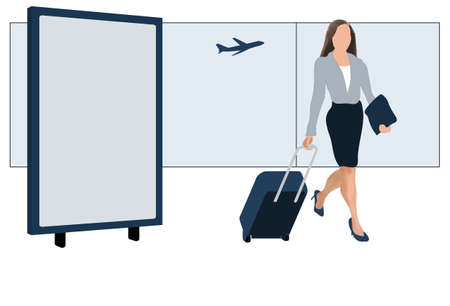 Modern female traveler with luggage at airport, billboard with space for advertisingのイラスト素材