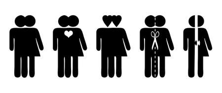 Stick figures, vector symbols for relationship, love and separationのイラスト素材