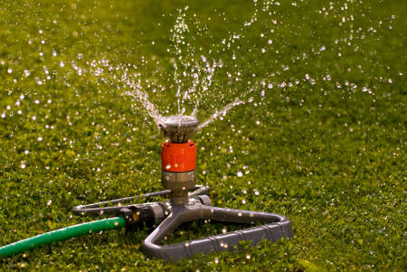Close up of a sprinkler that spread water over a green lawnの写真素材