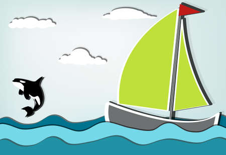 Orcinus orca, Killer whale jumping high behind sailboatのイラスト素材