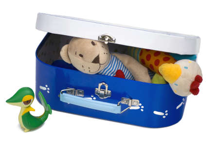 Box with children toys isolated on whiteの写真素材