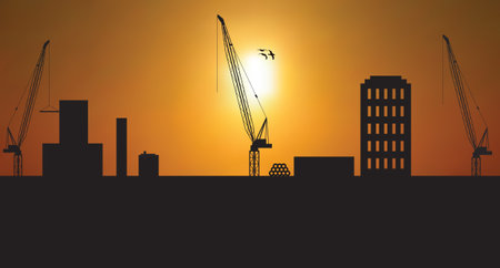 Silhouette of construction site during sunset, with cranes and construction materialsのイラスト素材