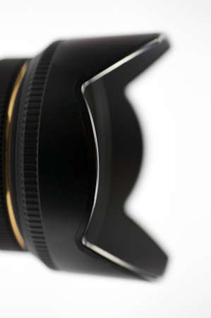 Close up of camera lens with lens hoodの写真素材