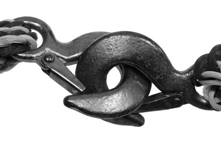 Close up of car tow rope with connected hooksの写真素材