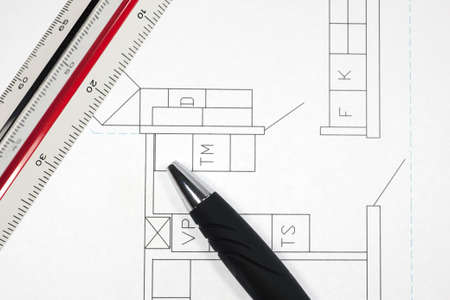 House interior drawing with scale ruler and pen, Close upの写真素材