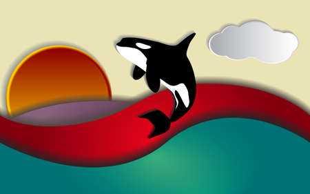 Orcinus orca, Killer whale jumping in sunsetのイラスト素材