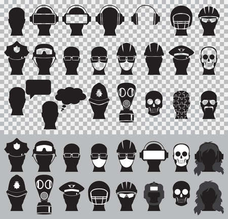 Vector illustration set of head silhouettes in different situations, equipment or work rolesのイラスト素材