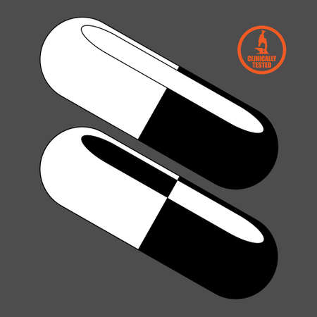 Medicine pills with clinically tested logo, black and white vector illustration on gray backgroundのイラスト素材