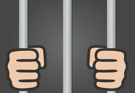 Hands behind bars, man in prison, steel cage jail bars, criminal locked in jail, vector illustrationのイラスト素材