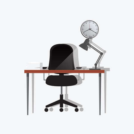 Office with table, office chair, wall clock and retro lamp, vector illustration designのイラスト素材