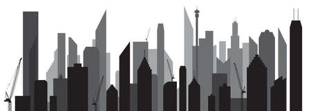 Cityscape black and white skyline with building cranes, flat vector illustration designのイラスト素材