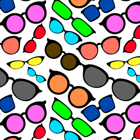 sunglasses on seamless pattern, seamless colorful texture, wrapping paper, glasses set on white background, vector illustrationのイラスト素材