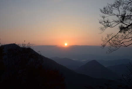 The sunrise of the mountains of Kyotoの写真素材