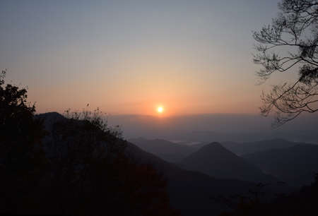The sunrise of the mountains of Kyotoの写真素材