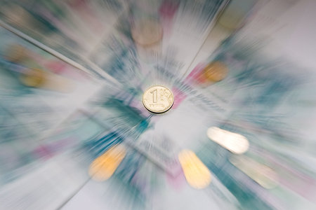 Rouble against thousand currency: banknotes and coins