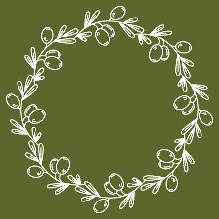 Vector olive wreath isolated on green. For design restaurant menu, organic cosmetic, greeting cards. In midern linear style. There are place for you textのイラスト素材