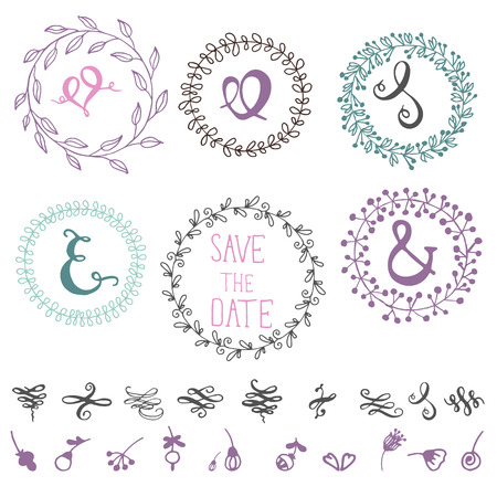 Set of hand drawn design elements - ampersands, doodles, frames, wreaths.のイラスト素材
