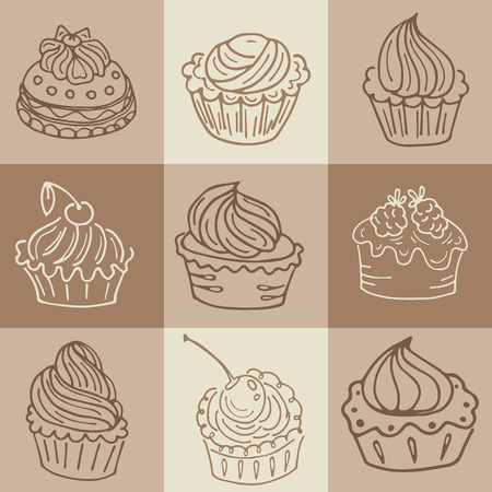 Hand  drawn seamless with set of cakes. Can use for design  wrapping paper, packaging, scrap-booking, sites and cafe menuのイラスト素材