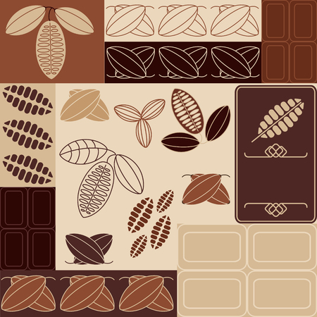 Vector set of seamless pattern and labels for chocolate and cocoa packaging.のイラスト素材