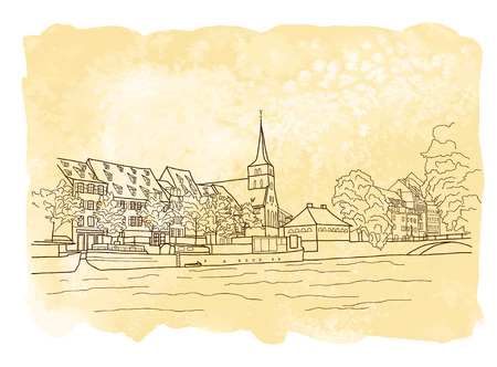 Vector city sketching on vintage watercolor background. Strasbourgのイラスト素材