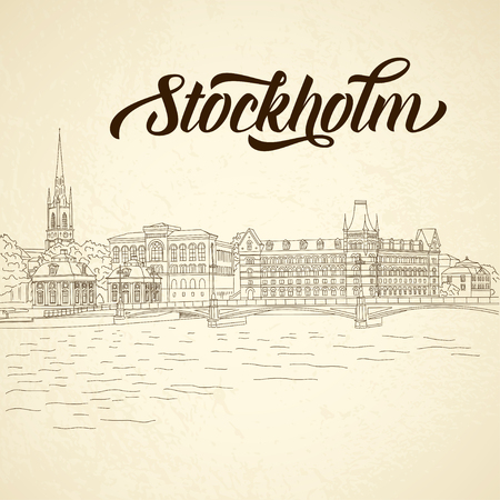 Vector city sketching on vintage background. Stockholm, Swedenのイラスト素材