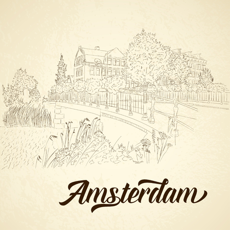 Vector city sketching on vintage background. Amsterdam, Netherlandsのイラスト素材