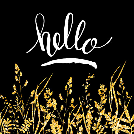 Glitter golden leaves card with hello hand lettering. Vector illustration for your designのイラスト素材