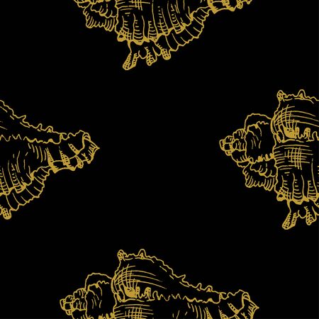 Golden sketch seashell decor seamless pattern. Vector illustration for your designのイラスト素材