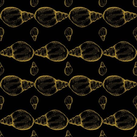 Golden sketch seashell decor seamless pattern. Vector illustration for your designのイラスト素材
