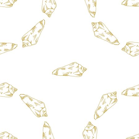 Golden sketch seashell decor seamless pattern. Vector illustration for your designのイラスト素材
