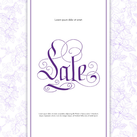 Sale card. Plant in blossom, branch with flower ink sketch on white background. Vector illustration for your designのイラスト素材