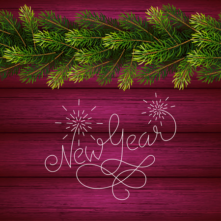 Holiday gift card with hand lettering New Year and Christmas borders from fir tree branches on wood background. Vector illustration for your designのイラスト素材
