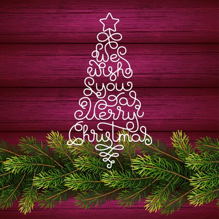 Holiday gift card with hand lettering We Wish You a Merry Christmas in the form of a Christmas tree on wood background. Vector illustration for your designのイラスト素材