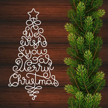 Holiday gift card with hand lettering We Wish You a Merry Christmas in the form of a Christmas tree on wood background. Vector illustration for your designのイラスト素材