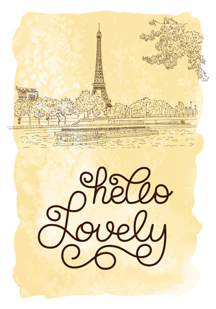 Gift card with hand lettering hello Lovely and Paris sketch.のイラスト素材