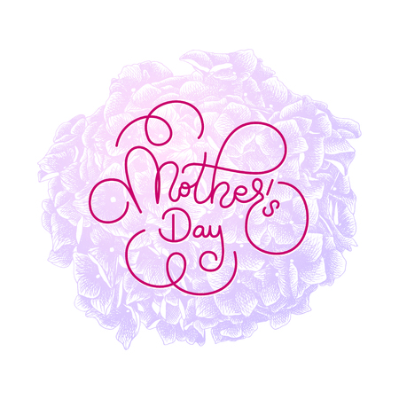 Holiday gift card with hand lettering Mothers Day on violet flowers background. Template for a banner, poster, flyer, invitationのイラスト素材