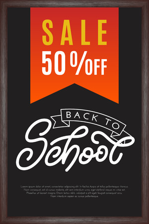 Back to school lettering with sale on chalkboard background. Template for a business card, banner, poster, notebook, invitation. Vector illustration for your designのイラスト素材