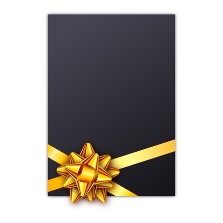 Black holiday gift card with golden ribbon and bow. Template for a business card, banner, poster, notebook, invitation. Vector illustration for your designのイラスト素材