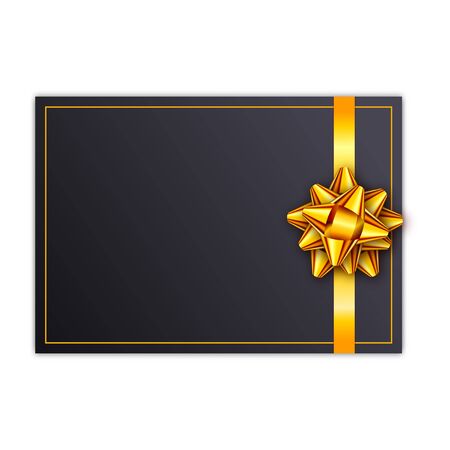 Black holiday gift card with golden ribbon and bow. Template for a business card, banner, poster, notebook, invitation. Vector illustration for your designのイラスト素材