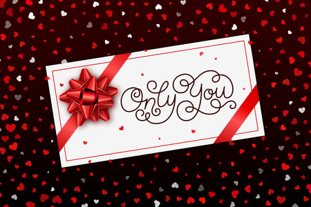 Valentine's day card with a modern lettering, red bow and hearts on background. Template for a banner, poster, notebook, invitationのイラスト素材