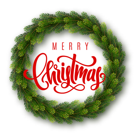 Holiday gift card with hand lettering Merry Christmas and wreath. Template for a banner, poster, invitation. Vector illustration for your designのイラスト素材