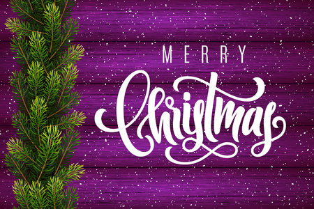 Holiday gift card with hand lettering Merry Christmas and fir tree branches on wood background. Template for a banner, poster, invitation. Vector illustration for your designのイラスト素材