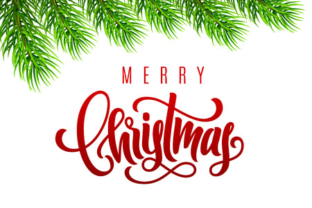 Holiday gift card with hand lettering Merry Christmas and fir tree branches. Template for a banner, poster, invitation. Vector illustration for your designのイラスト素材